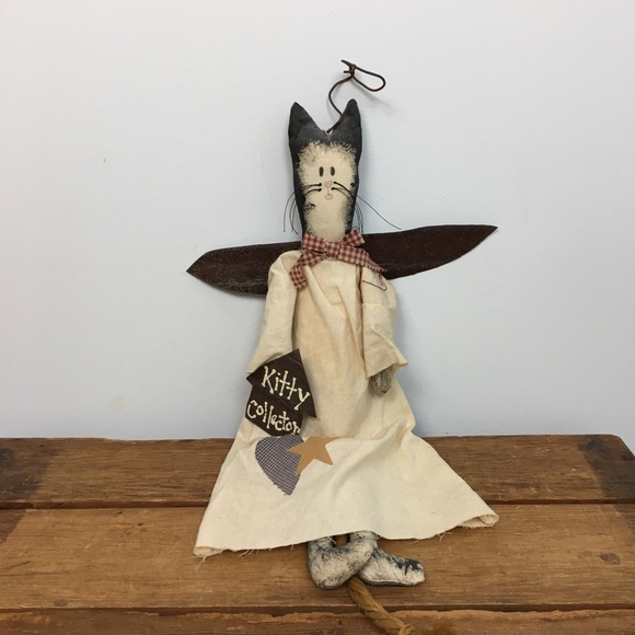 Other - Folk Art Rustic Tin Muslin Fabric Cat Angel Doll